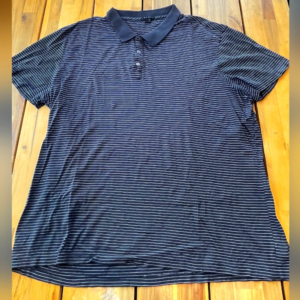 Theory Mens Navy White Striped Cotton Polo‎ Short Sleeve Shirt Size Xxl